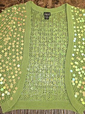 Cejon Apple Green Sweater Fishnet Shrug with Dangling Sequence Bolero Size M/L